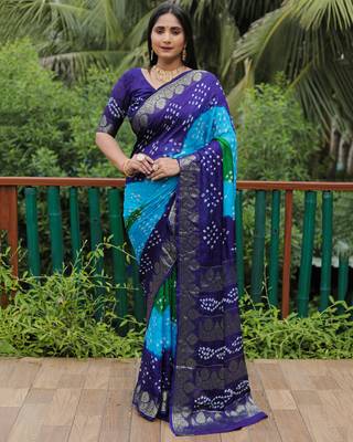 Koram Blue Bandhej Silk Zari Weaving Border With Zari Weaving Pallu Saree With Blouse For Women 1
