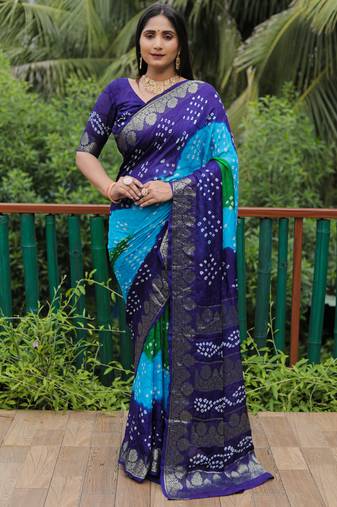 Koram Blue Bandhej Silk Zari Weaving Border With Zari Weaving Pallu Saree With Blouse For Women