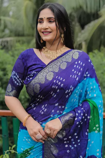 Koram Blue Bandhej Silk Zari Weaving Border With Zari Weaving Pallu Saree With Blouse For Women