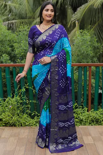 Koram Blue Bandhej Silk Zari Weaving Border With Zari Weaving Pallu Saree With Blouse For Women