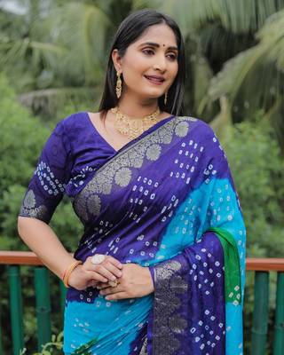 Koram Blue Bandhej Silk Zari Weaving Border With Zari Weaving Pallu Saree With Blouse For Women 4