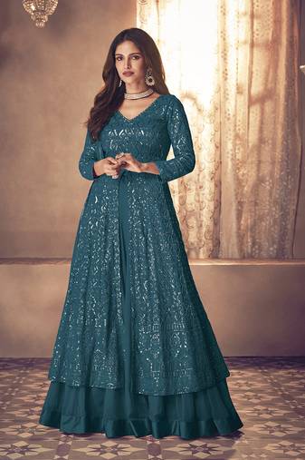 Dark teal colour faux groegette embroidered lehenga suit