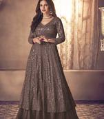 Chocolate colour faux groegette embroidered designer lehenga suit