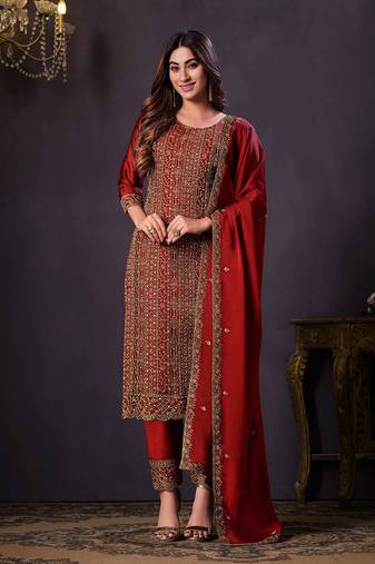 Crimson colour rangoli Silk Blend embroidered salwar suit for women