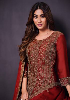 Crimson colour rangoli Silk Blend embroidered salwar suit for women 4