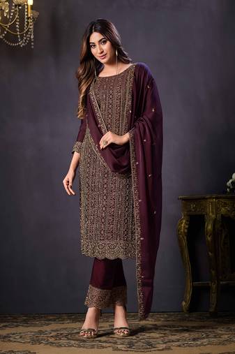 Dark brown colour rangoli Silk Blend embroidered salwar suit for women