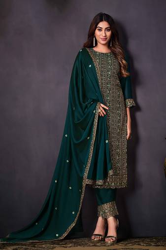 Dark teal colour rangoli Silk Blend embroidered salwar suit for women