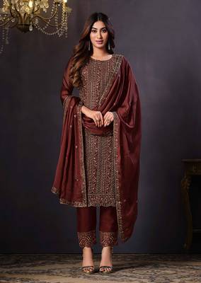 Chocolate colour rangoli Silk Blend embroidered salwar suit for women 1