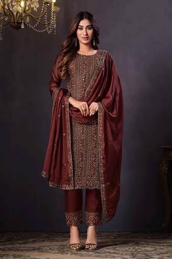 Chocolate colour rangoli Silk Blend embroidered salwar suit for women