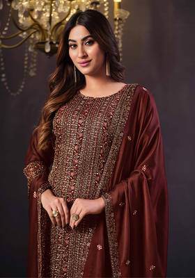 Chocolate colour rangoli Silk Blend embroidered salwar suit for women 2