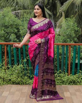 Koram Wine Bandhej Silk Zari Weaving Border With Zari Weaving Pallu Saree With Blouse For Women 1