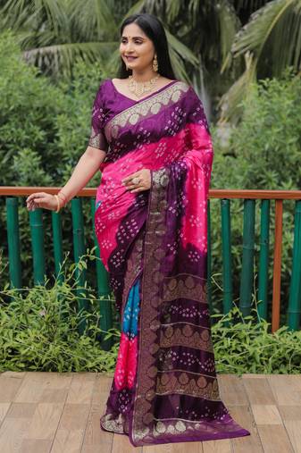 Koram Wine Bandhej Silk Zari Weaving Border With Zari Weaving Pallu Saree With Blouse For Women