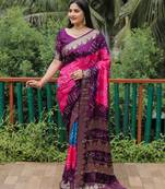 Koram Wine Bandhej Silk Zari Weaving Border With Zari Weaving Pallu Saree With Blouse For Women