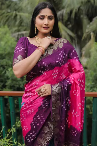 Koram Wine Bandhej Silk Zari Weaving Border With Zari Weaving Pallu Saree With Blouse For Women