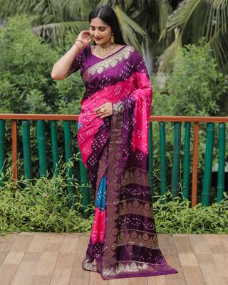 Koram Wine Bandhej Silk Zari Weaving Border With Zari Weaving Pallu Saree With Blouse For Women 3