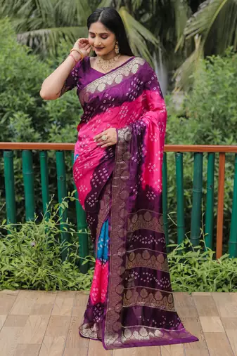 Koram Wine Bandhej Silk Zari Weaving Border With Zari Weaving Pallu Saree With Blouse For Women