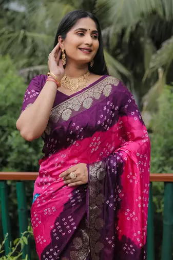 Koram Wine Bandhej Silk Zari Weaving Border With Zari Weaving Pallu Saree With Blouse For Women