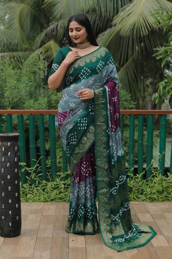  Koram Dark Green Bandhej Silk Zari Weaving Border With Zari Weaving Pallu Saree With Blouse For Women