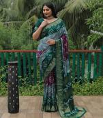  Koram Dark Green Bandhej Silk Zari Weaving Border With Zari Weaving Pallu Saree With Blouse For Women