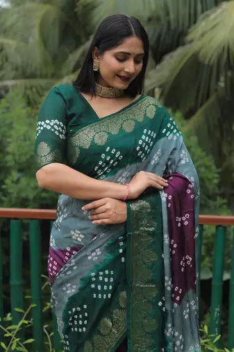  Koram Dark Green Bandhej Silk Zari Weaving Border With Zari Weaving Pallu Saree With Blouse For Women