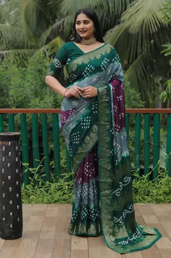  Koram Dark Green Bandhej Silk Zari Weaving Border With Zari Weaving Pallu Saree With Blouse For Women