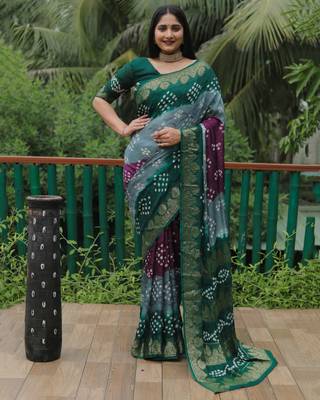  Koram Dark Green Bandhej Silk Zari Weaving Border With Zari Weaving Pallu Saree With Blouse For Women 4