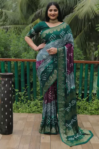  Koram Dark Green Bandhej Silk Zari Weaving Border With Zari Weaving Pallu Saree With Blouse For Women