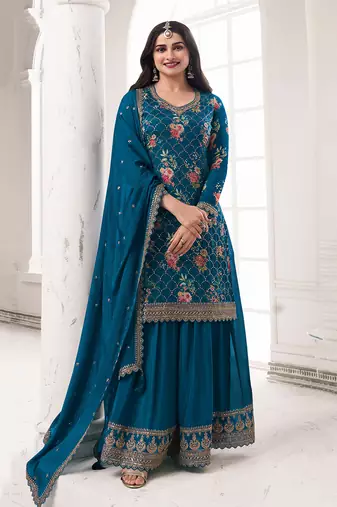 Dark blue colour embroidered chinon Silk Blend sharara festival suit