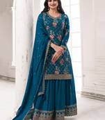 Dark blue colour embroidered chinon Silk Blend sharara festival suit