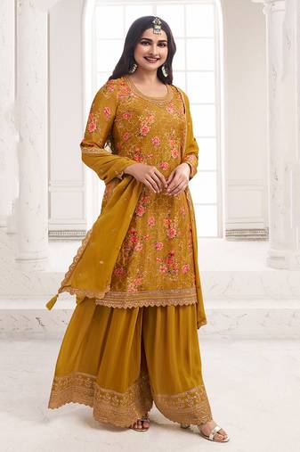 Mustard colour embroidered chinon silk sharara festival suit