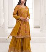 Mustard colour embroidered chinon silk sharara festival suit