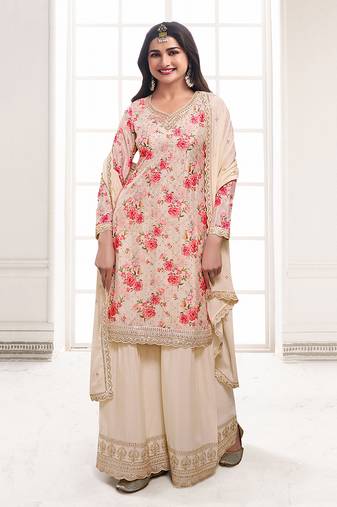 Cream colour embroidered chinon silk sharara festival suit