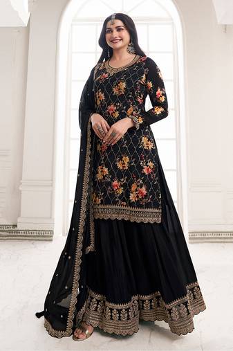 Black colour embroidered chinon Silk Blend sharara festival suit