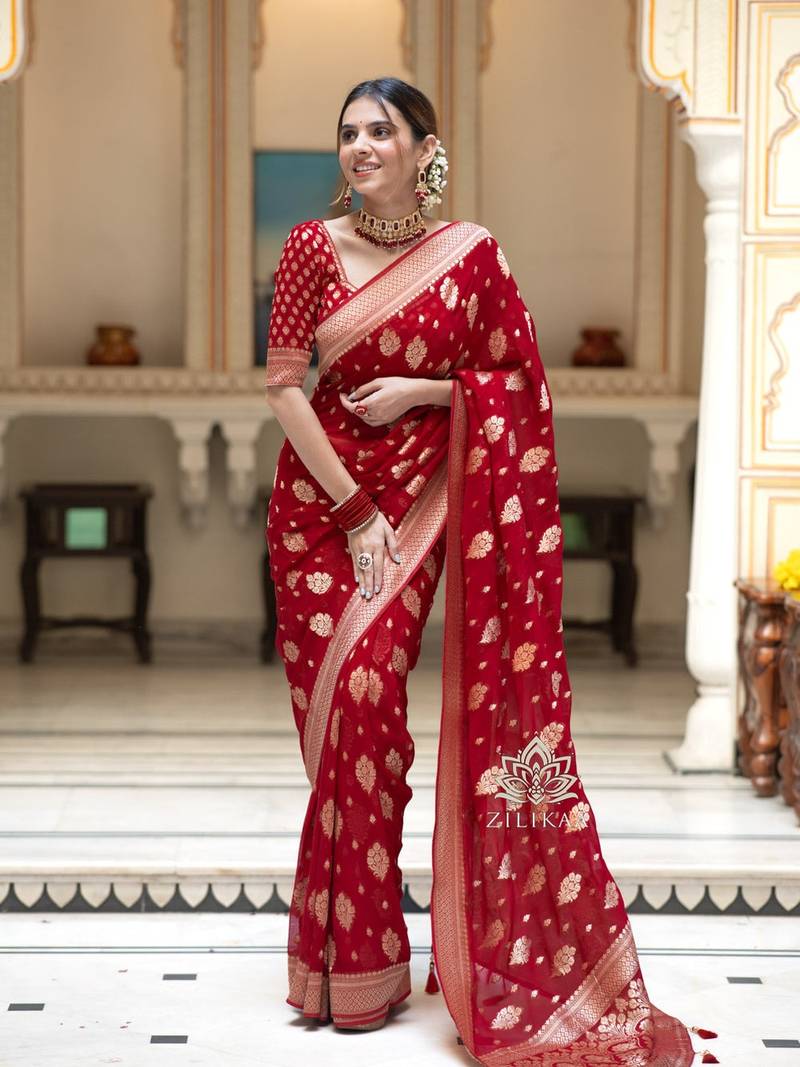 Banarasi Soft Silk Saree Set Allover Floral Butta Zari Work With Matching Jacquard Weave & Jacquard Border Blouse