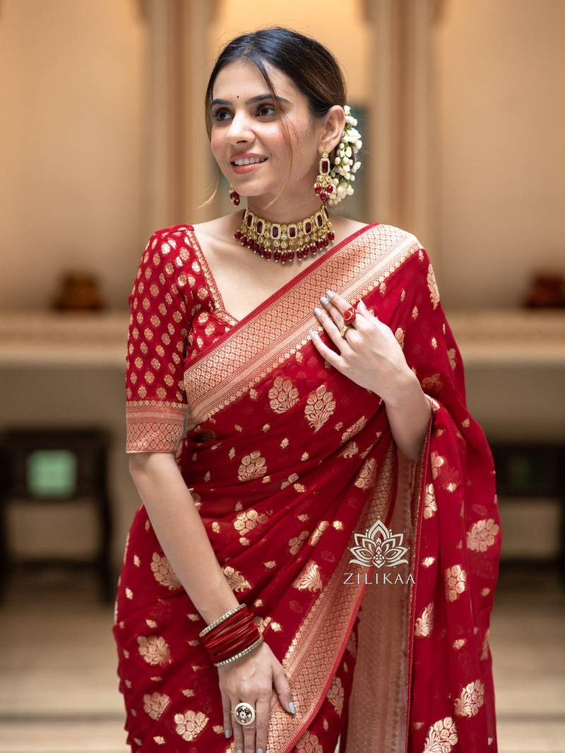 Banarasi Soft Silk Saree Set Allover Floral Butta Zari Work With Matching Jacquard Weave & Jacquard Border Blouse