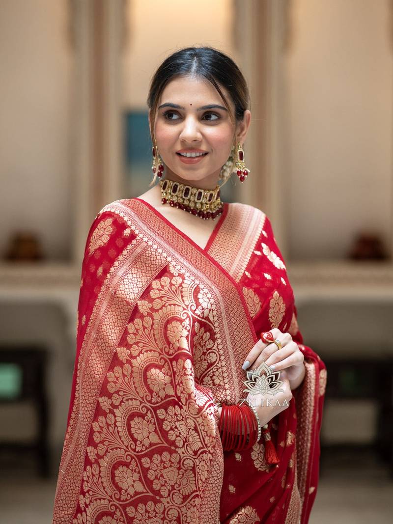 Banarasi Soft Silk Saree Set Allover Floral Butta Zari Work With Matching Jacquard Weave & Jacquard Border Blouse
