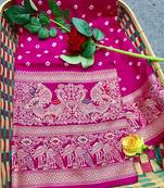 Koram Dark Pink Bandhej Kanjivaram Silk Bandhej With Kanjivaram Border With Zari Weaving Saree With Blouse For Women