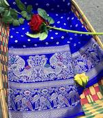 Koram Blue Bandhej kanjivaram silk blendBandhej With Kanjivaram Border With Zari Weaving Saree With Blouse For Women