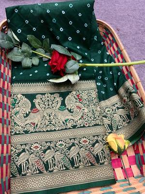 Koram Green Bandhej kanjivaram silk blendBandhej With Kanjivaram Border With Zari Weaving Saree With Blouse For Women 1
