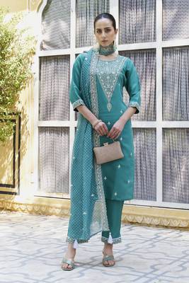  women kurta and pant sets silk blend fabric 1