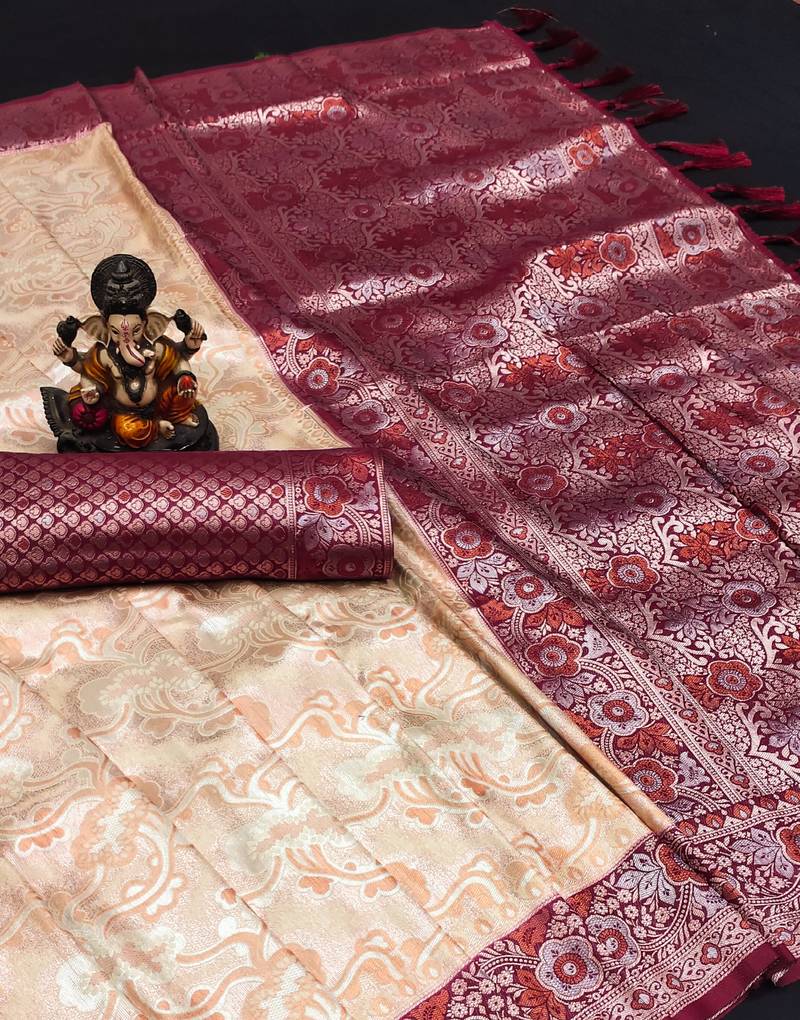 Koram Cream Kanjivaram Soft Silk Weaving Borders Havy Design Saree With Blouse For Women