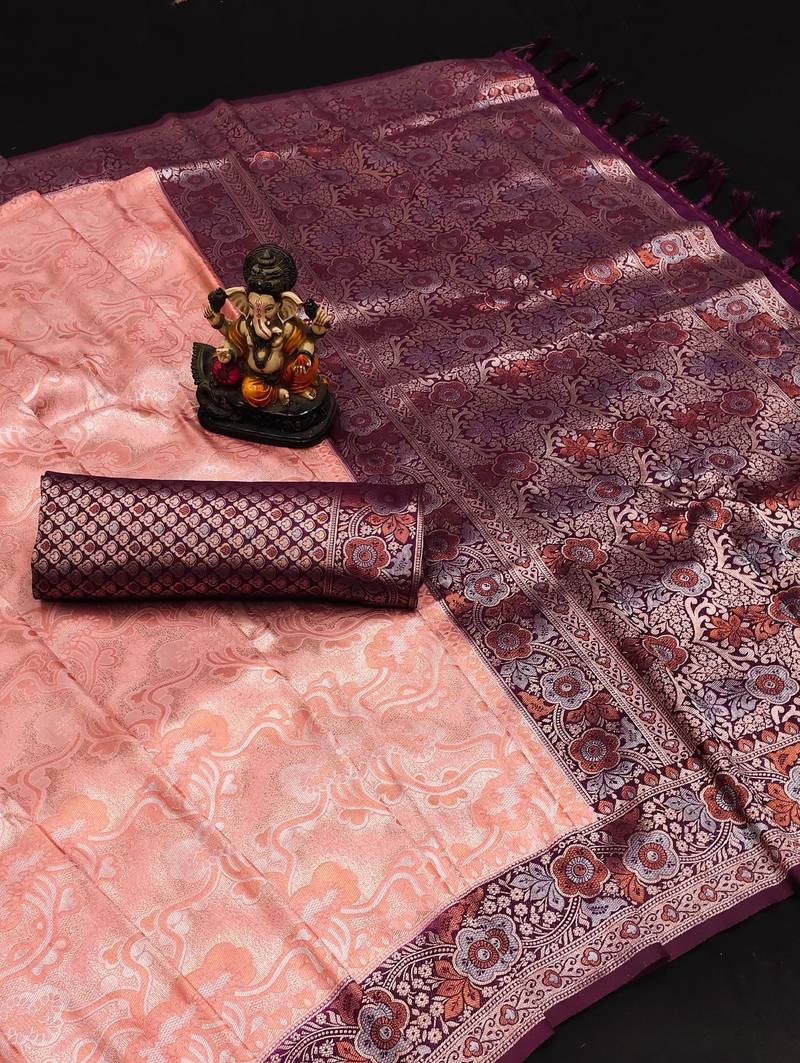 Koram Peach Kanjivaram Soft Silk Weaving Borders Havy Design Saree With Blouse For Women