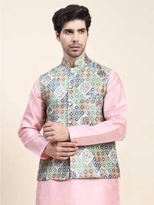 Aany's culture men's regular fit nehru jacket with mandarin collar digital printed kurta - viscose fabric 1