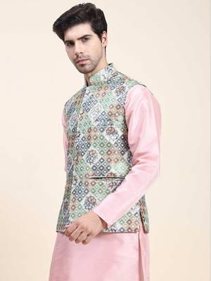 Aany's culture men's regular fit nehru jacket with mandarin collar digital printed kurta - viscose fabric 3