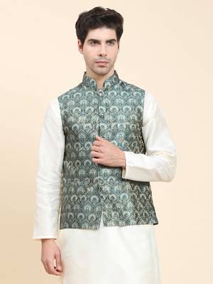 Aany's culture men's nehru jacket with digital print in cotton blend fabric 1
