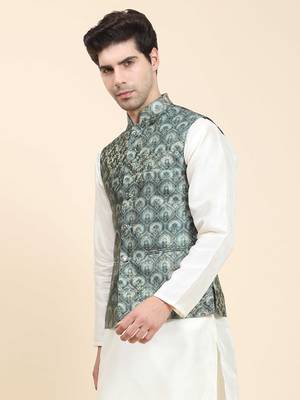 Aany's culture men's nehru jacket with digital print in cotton blend fabric 3