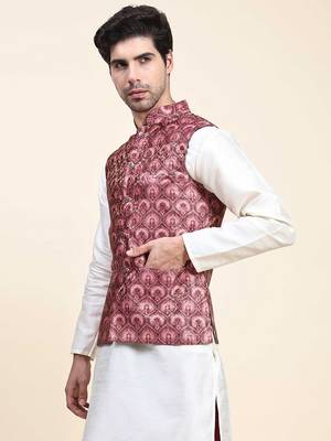 Aany's culture men's nehru jacket with digital print in cotton blend fabric 3