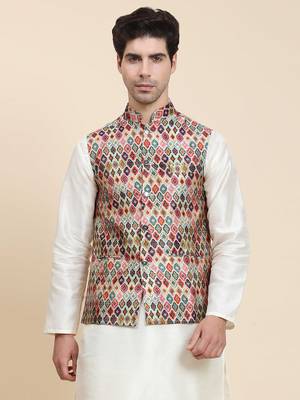 Aany's culture men's nehru jacket with digital print in cotton blend fabric 1
