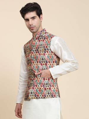 Aany's culture men's nehru jacket with digital print in cotton blend fabric 3