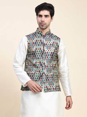 Aany's culture men's nehru jacket with digital print in cotton blend fabric 1